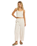 Sisstrevolution Ocean Drifter Woven Pant in Sea Salt white front view showing the comfortable elastic waistband with drawcord adjustment and relaxed wide leg opening, sold by Point Break Cambridge local family surf shop at 63 Duke street.