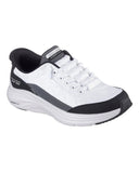 Skechers Mens Contour Foam Cozy Fit in White and Black front view showing the breathable mesh upper toe box and slip on collar, sold by Point Break Cambridge local family surf shop at 63 Duke street.