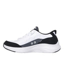 Skechers Mens Contour Foam Cozy Fit in White and Black front view showing the breathable mesh upper toe box and slip on collar, sold by Point Break Cambridge local family surf shop at 63 Duke street.