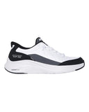 Skechers Mens Contour Foam Cozy Fit in White and Black front view showing the breathable mesh upper toe box and slip on collar, sold by Point Break Cambridge local family surf shop at 63 Duke street.