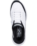 Skechers Mens Contour Foam Cozy Fit in White and Black front view showing the breathable mesh upper toe box and slip on collar, sold by Point Break Cambridge local family surf shop at 63 Duke street.