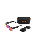 Spy Cyrus Switch Sunglasses in Matte Black front view showcasing the bold oversized square shield silhouette premium Happy Gray Green lens sleek matte black Grilamid frame and modern performance-inspired styling, sold by Point Break Cambridge local family surf shop at 63 Duke Street.