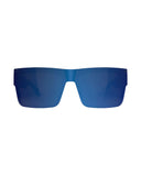 Spy Cyrus Switch Sunglasses in Translucent Gunmetal front view showcasing the bold oversized square shield silhouette striking Happy Grey Green Blue Mirror lens premium translucent gunmetal Grilamid frame and contemporary performance-inspired styling, sold by Point Break Cambridge local family surf shop at 63 Duke Street.