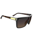 Spy Flynn Sunglasses in Honey Tort with Happy Dark Brown Fade lenses front view showcasing the oversized retro-inspired shield silhouette seamless brown gradient mono-lens distinctive honey tortoiseshell frame detailing and signature Spy Optic styling, sold by Point Break Cambridge local family surf shop at 63 Duke Street.