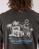 T&C Location Tee in Vintage Charcoal close up view highlighting the premium soft cotton fabric weave and detailed front screen print texture, sold by Point Break Cambridge local family surf shop at 63 Duke street.