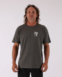 T&C Location Tee in Vintage Charcoal front view showing the comfortable ribbed crew neck and custom screen printed chest graphic logo, sold by Point Break Cambridge local family surf shop at 63 Duke street.