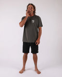 T&C Location Tee in Vintage Charcoal front view showing the comfortable ribbed crew neck and custom screen printed chest graphic logo, sold by Point Break Cambridge local family surf shop at 63 Duke street.
