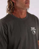 T&C Location Tee in Vintage Charcoal close up view highlighting the premium soft cotton fabric weave and detailed front screen print texture, sold by Point Break Cambridge local family surf shop at 63 Duke street.
