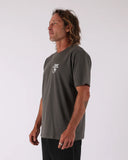 T&C Location Tee in Vintage Charcoal side profile view showing the comfortable casual short sleeve length and clean stitched hemline, sold by Point Break Cambridge local family surf shop at 63 Duke street.