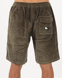 T&C Ninetees Cord Short in Olive green back view showing the rear welt pockets secure stitching layout and signature Town and Country woven logo patch, sold by Point Break Cambridge local family surf shop at 63 Duke street.