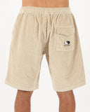 T&C Ninetees Cord Short in Stone grey back view showing the rear welt pockets secure stitching layout and signature Town and Country woven logo patch, sold by Point Break Cambridge local family surf shop at 63 Duke street.