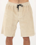 T&C Ninetees Cord Short in Stone grey front view showing the textured corduroy paneling fixed waist closure and classic pocket entry layout, sold by Point Break Cambridge local family surf shop at 63 Duke street.