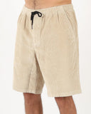 T&C Ninetees Cord Short in Stone grey side profile view showing the comfortable casual outseam length and regular roomy leg opening profile, sold by Point Break Cambridge local family surf shop at 63 Duke street.