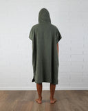 T&C OG CF Hooded Towel in Military green back view showing the full premium cotton panel coverage and uniform plush terry loop texture, sold by Point Break Cambridge local family surf shop at 63 Duke street.