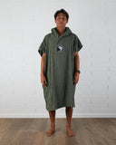 T&C OG CF Hooded Towel in Military green front view showing the comfortable oversized changing poncho silhouette and embroidered Town and Country front graphic, sold by Point Break Cambridge local family surf shop at 63 Duke street.