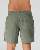 T&C Whaler Cord Short in Military green back view showing the rear welt pockets secure stitching layout and signature Town and Country woven logo patch, sold by Point Break Cambridge local family surf shop at 63 Duke street.