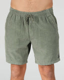T&C Whaler Cord Short in Military green front view showing the textured corduroy paneling fixed waist closure and classic pocket entry layout, sold by Point Break Cambridge local family surf shop at 63 Duke street.