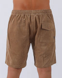 T&C Whaler Cord Short in Sand beige back view showing the rear welt pockets secure stitching layout and signature Town and Country woven logo patch, sold by Point Break Cambridge local family surf shop at 63 Duke street.