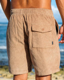T&C Whaler Cord Short in Sand beige back view showing the rear welt pockets secure stitching layout and signature Town and Country woven logo patch, sold by Point Break Cambridge local family surf shop at 63 Duke street.