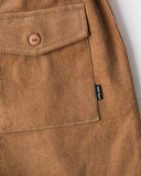 T&C Whaler Cord Short in Sand beige close up view highlighting the thick premium cotton corduroy fabric ridges metallic hardware details and internal waist lining, sold by Point Break Cambridge local family surf shop at 63 Duke street.