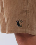 T&C Whaler Cord Short in Sand beige close up view highlighting the thick premium cotton corduroy fabric ridges metallic hardware details and internal waist lining, sold by Point Break Cambridge local family surf shop at 63 Duke street.