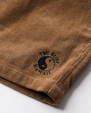 T&C Whaler Cord Short in Sand beige close up view highlighting the thick premium cotton corduroy fabric ridges metallic hardware details and internal waist lining, sold by Point Break Cambridge local family surf shop at 63 Duke street.