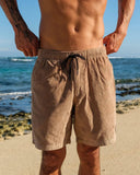 T&C Whaler Cord Short in Sand beige front view showing the textured corduroy paneling fixed waist closure and classic pocket entry layout, sold by Point Break Cambridge local family surf shop at 63 Duke street.