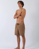 T&C Whaler Cord Short in Sand beige side profile view showing the comfortable casual outseam length and regular roomy leg opening profile, sold by Point Break Cambridge local family surf shop at 63 Duke street.