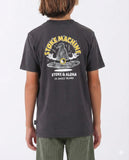 T&C Boys Stoke Machine Tee in Washed Black back view showing the large vintage screen printed logo layout, sold by Point Break Cambridge local family surf shop at 63 Duke street.