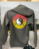 Back view of the T&C Boys Lit Up Pop Hood in Washed Charcoal highlighting the large vibrant graphic artwork.