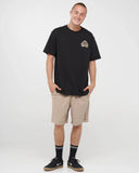 The Mad Hueys Dragon Captain SS Tee in Black front view showing the comfortable ribbed crew neck and signature chest brand graphic logo print, sold by Point Break Cambridge local family surf shop at 63 Duke street.