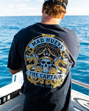 The Mad Hueys Dragon Captain SS Tee in Navy blue close up view highlighting the premium soft cotton knit fabric weave texture and high density screen print graphic finish detail, sold by Point Break Cambridge local family surf shop at 63 Duke street.