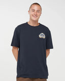 The Mad Hueys Dragon Captain SS Tee in Navy blue front view showing the comfortable ribbed crew neck and signature chest brand graphic logo print, sold by Point Break Cambridge local family surf shop at 63 Duke street.