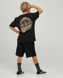 The Mad Hueys Dragon Captain Youth SS Tee in Black back view showing the relaxed straight kids silhouette and bold oversized custom nautical dragon artwork graphic print, sold by Point Break Cambridge local family surf shop at 63 Duke street.