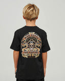 The Mad Hueys Dragon Captain Youth SS Tee in Black back view showing the relaxed straight kids silhouette and bold oversized custom nautical dragon artwork graphic print, sold by Point Break Cambridge local family surf shop at 63 Duke street.