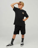 The Mad Hueys Dragon Captain Youth SS Tee in Black front view showing the comfortable ribbed crew neck and signature youth chest brand graphic logo print, sold by Point Break Cambridge local family surf shop at 63 Duke street.