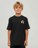 The Mad Hueys Dragon Captain Youth SS Tee in Black front view showing the comfortable ribbed crew neck and signature youth chest brand graphic logo print, sold by Point Break Cambridge local family surf shop at 63 Duke street.