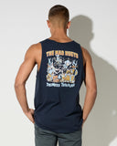 The Mad Hueys Drunken Treasure Tank in Navy blue back view showing the relaxed straight silhouette and bold oversized custom nautical treasure artwork graphic print, sold by Point Break Cambridge local family surf shop at 63 Duke street.