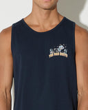 The Mad Hueys Drunken Treasure Tank in Navy blue close up view highlighting the premium soft cotton knit fabric weave texture bound collar edging and high density screen print detail, sold by Point Break Cambridge local family surf shop at 63 Duke street.