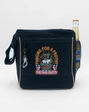 The Mad Hueys Fangin Keg Cooler Bag in Black front view showing the insulated barrel structure and custom screen printed brand graphic, sold by Point Break Cambridge local family surf shop at 63 Duke street.