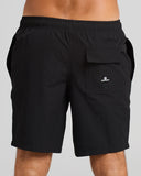 The Mad Hueys Freestyle 18 Swim Volley Short in Black back view showing the rear pocket setup and durable premium stitching, sold by Point Break Cambridge local family surf shop at 63 Duke street.