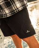 The Mad Hueys Freestyle 18 Swim Volley Short in Black close up view highlighting the quick dry fabric texture drawcord tips and internal mesh lining, sold by Point Break Cambridge local family surf shop at 63 Duke street.