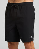 The Mad Hueys Freestyle 18 Swim Volley Short in Black front view showing the comfortable elastic waistband and printed leg logo graphic, sold by Point Break Cambridge local family surf shop at 63 Duke street.
