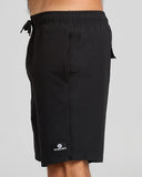 The Mad Hueys Freestyle 18 Swim Volley Short in Black side profile view showing the clean eighteen inch outseam hemline, sold by Point Break Cambridge local family surf shop at 63 Duke street.