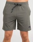 The Mad Hueys Freestyle 18 Swim Volley Short in Charcoal front view showing the comfortable elastic waistband and printed leg logo graphic, sold by Point Break Cambridge local family surf shop at 63 Duke street.