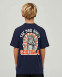 The Mad Hueys Godzilla Forever Youth SS Tee in Navy blue back view showing the relaxed straight kids silhouette and bold oversized custom monster fish monster artwork graphic print, sold by Point Break Cambridge local family surf shop at 63 Duke street.