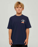 The Mad Hueys Godzilla Forever Youth SS Tee in Navy blue front view showing the comfortable ribbed crew neck and signature youth chest brand graphic logo print, sold by Point Break Cambridge local family surf shop at 63 Duke street.