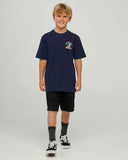 The Mad Hueys Godzilla Forever Youth SS Tee in Navy blue front view showing the comfortable ribbed crew neck and signature youth chest brand graphic logo print, sold by Point Break Cambridge local family surf shop at 63 Duke street.