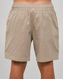 Back view of The Mad Hueys Skull Anchor Youth 15 inch Volley Shorts in Taupe highlighting the rear pocket setup and relaxed fit.