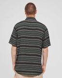 The Mad Hueys Hueys Stripe SS Woven Shirt in Pine Green back view showing the relaxed drape and continuous vertical stripe pattern, sold by Point Break Cambridge local family surf shop at 63 Duke street.